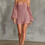 ElevenOra Chic Elegant Pink Spaghetti Straps Long-Lantern-Sleeve Slim-Fit A-Line Mesh-Knit Mini Dress