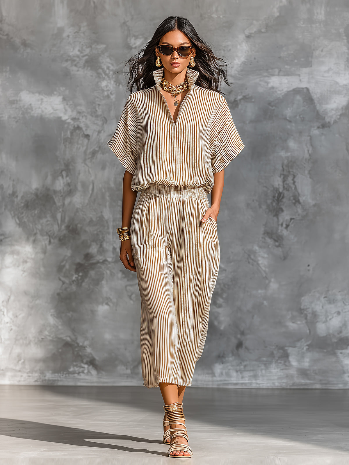 ElevenOra Chic Elegant Camel Stripes Cotton Linen Blend Stand-Collar Short-Sleeve Shirt Elastic-Waist Cropped Pants Loose-Fit Two-Piece Set
