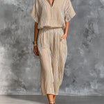 ElevenOra Chic Elegant Camel Stripes Cotton Linen Blend Stand-Collar Short-Sleeve Shirt Elastic-Waist Cropped Pants Loose-Fit Two-Piece Set