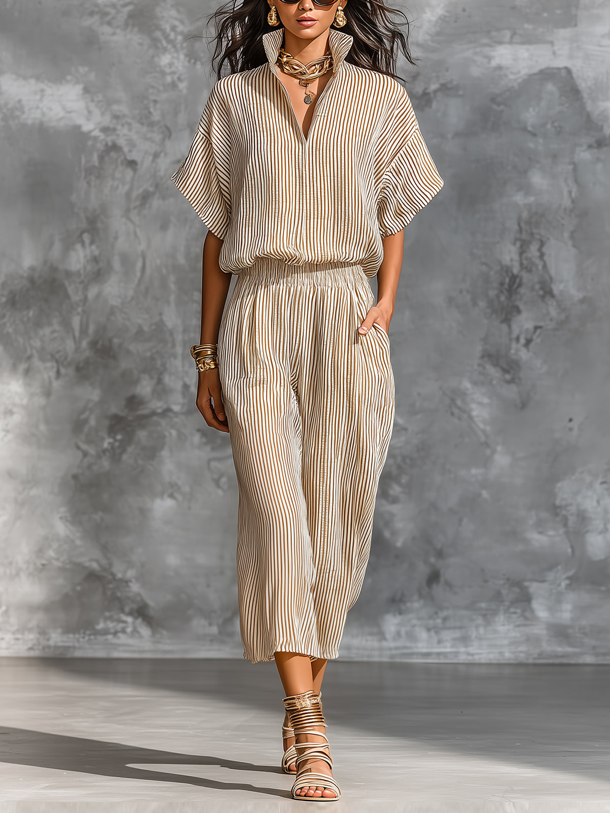 ElevenOra Chic Elegant Camel Stripes Cotton Linen Blend Stand-Collar Short-Sleeve Shirt Elastic-Waist Cropped Pants Loose-Fit Two-Piece Set