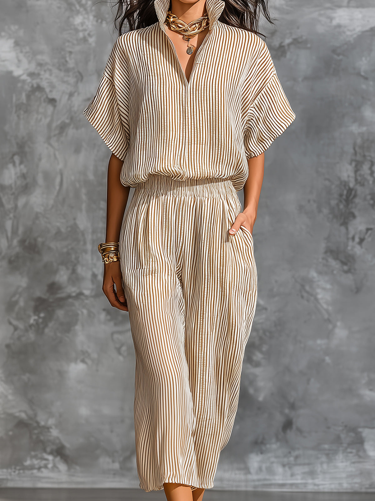 ElevenOra Chic Elegant Camel Stripes Cotton Linen Blend Stand-Collar Short-Sleeve Shirt Elastic-Waist Cropped Pants Loose-Fit Two-Piece Set