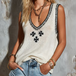 ElevenOra Chic Elegant Cream White V-Neck Sleeveless Contrast Jacquard Detail Loose-Ft Knit Vest Top