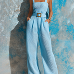 ElevenOra Chic Elegant Sky Blue Wide Strap Square-Neck Sleeveless Tie-Waist Waffle Textured Fabric Wide-Leg Jumpsuit