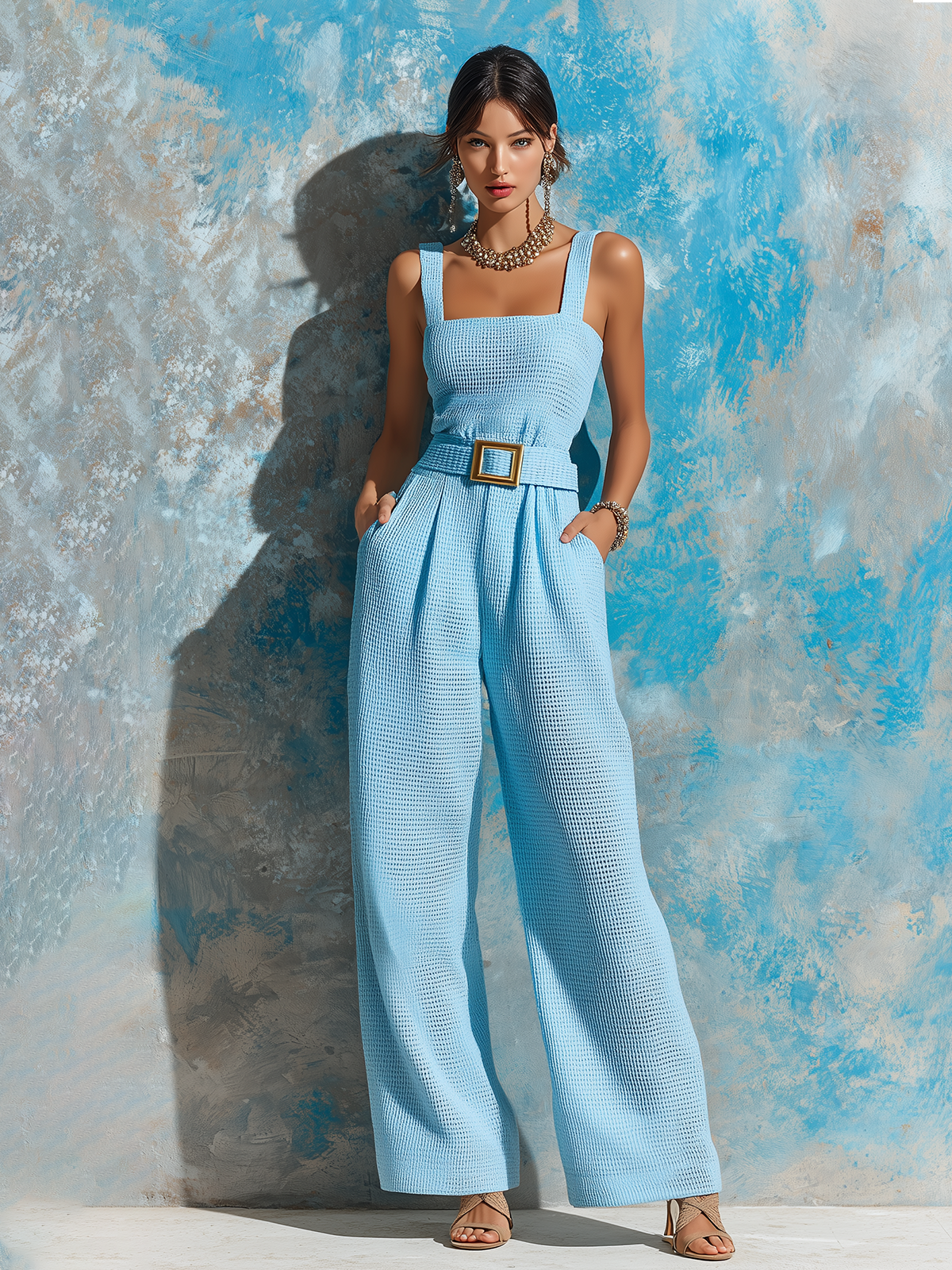ElevenOra Chic Elegant Sky Blue Wide Strap Square-Neck Sleeveless Tie-Waist Waffle Textured Fabric Wide-Leg Jumpsuit