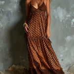 ElevenOra Chic Elegant Brown Polka Dot Print Spaghetti Strap V-Neck  Sleeveless Loose-Fit Lace Hem Tiered Chiffon Holiday Maxi Dress