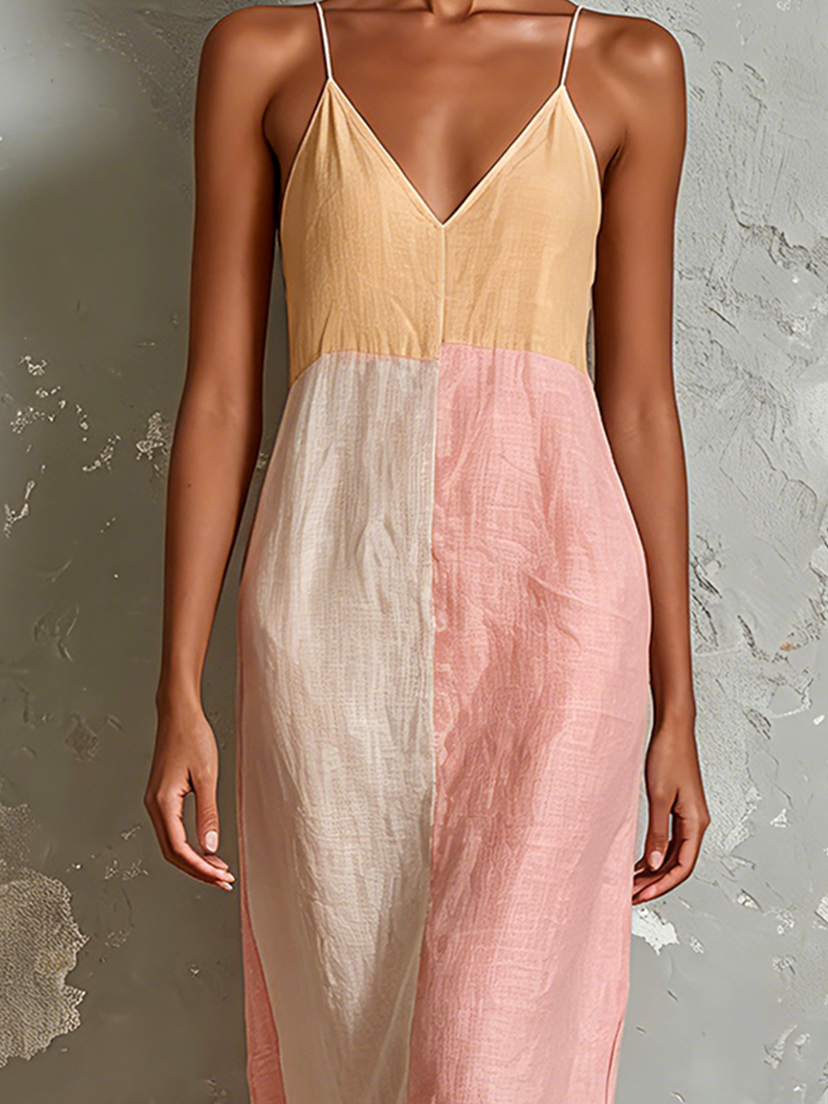 ElevenOra Chic Elegant Off-White-Pink Colorblock Spaghetti Strap V-Neck Sleeveless Loose-Fit Cotton-Linen Blend Midi Dress
