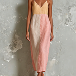 ElevenOra Chic Elegant Off-White-Pink Colorblock Spaghetti Strap V-Neck Sleeveless Loose-Fit Cotton-Linen Blend Midi Dress