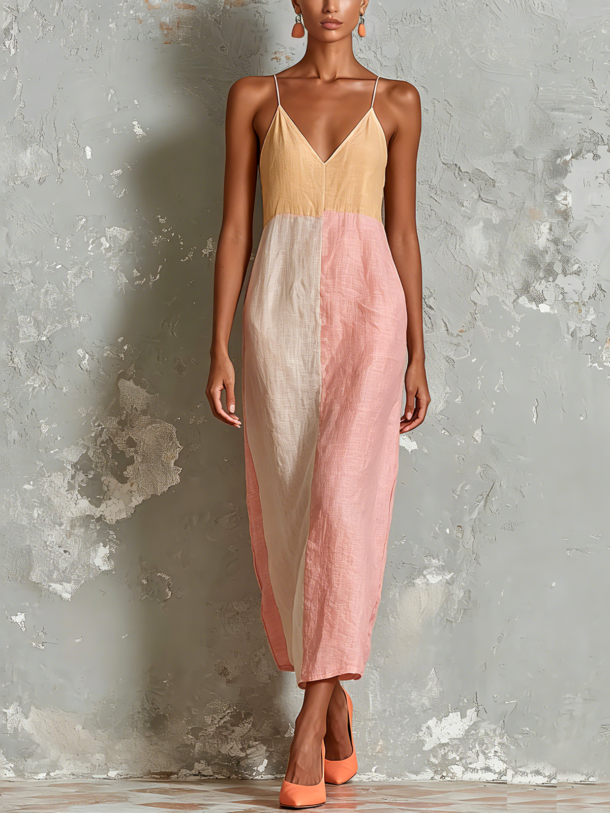 ElevenOra Chic Elegant Off-White-Pink Colorblock Spaghetti Strap V-Neck Sleeveless Loose-Fit Cotton-Linen Blend Midi Dress