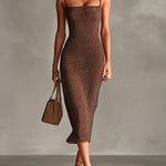 ElevenOra Chic Elegant Brown-White Dots Jacquard Spaghetti Straps Square-Neck Sleeveless Slim-Ft Knit Midi Dress