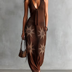 ElevenOra Chic Elegant Brown V-Neck Sleeveless Tailored-Waist Star Jacquard Rib Detail Knit Maxi Dress