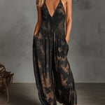 ElevenOra Chic Elegant Black-Brown Tie-Dye Print Halter V-Neck Sleeveless Shirring Detail Loose-Fit Wide-Leg Jumpsuit