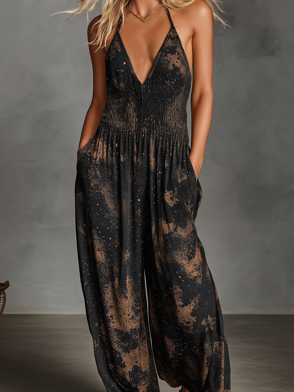 ElevenOra Chic Elegant Black-Brown Tie-Dye Print Halter V-Neck Sleeveless Shirring Detail Loose-Fit Wide-Leg Jumpsuit