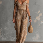 ElevenOra Chic Elegant Camel Geometrical Print Spaghetti Straps V-Neck Sleeveless Tie-Waist Wide-Leg Jumpsuit