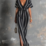 ElevenOra Chic Elegant Black-White Colorblock Stripes Deep V-Neck Short-Sleeve Elastic-Waist Side-Slit Knit Maxi Dress