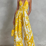 ElevenOra Chic Elegant Yellow-White Colorblock Printed Halter V-Neck Sleeveless Elastic-Waist Wide-Leg Jumpsuit
