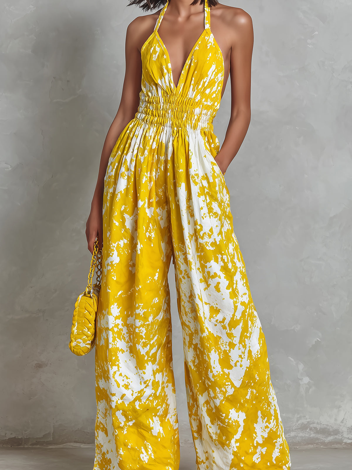 ElevenOra Chic Elegant Yellow-White Colorblock Printed Halter V-Neck Sleeveless Elastic-Waist Wide-Leg Jumpsuit