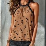 ElevenOra Chic Elegant Brown-Black Stars Pattern Halter-Round-Neck Sleeveless Loose-Fit Tank Top