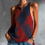 ElevenOra Chic Elegant Red-Navy Colorblock Round-Neck Sleeveless Loose-Fit Breathable Knit Vest Top