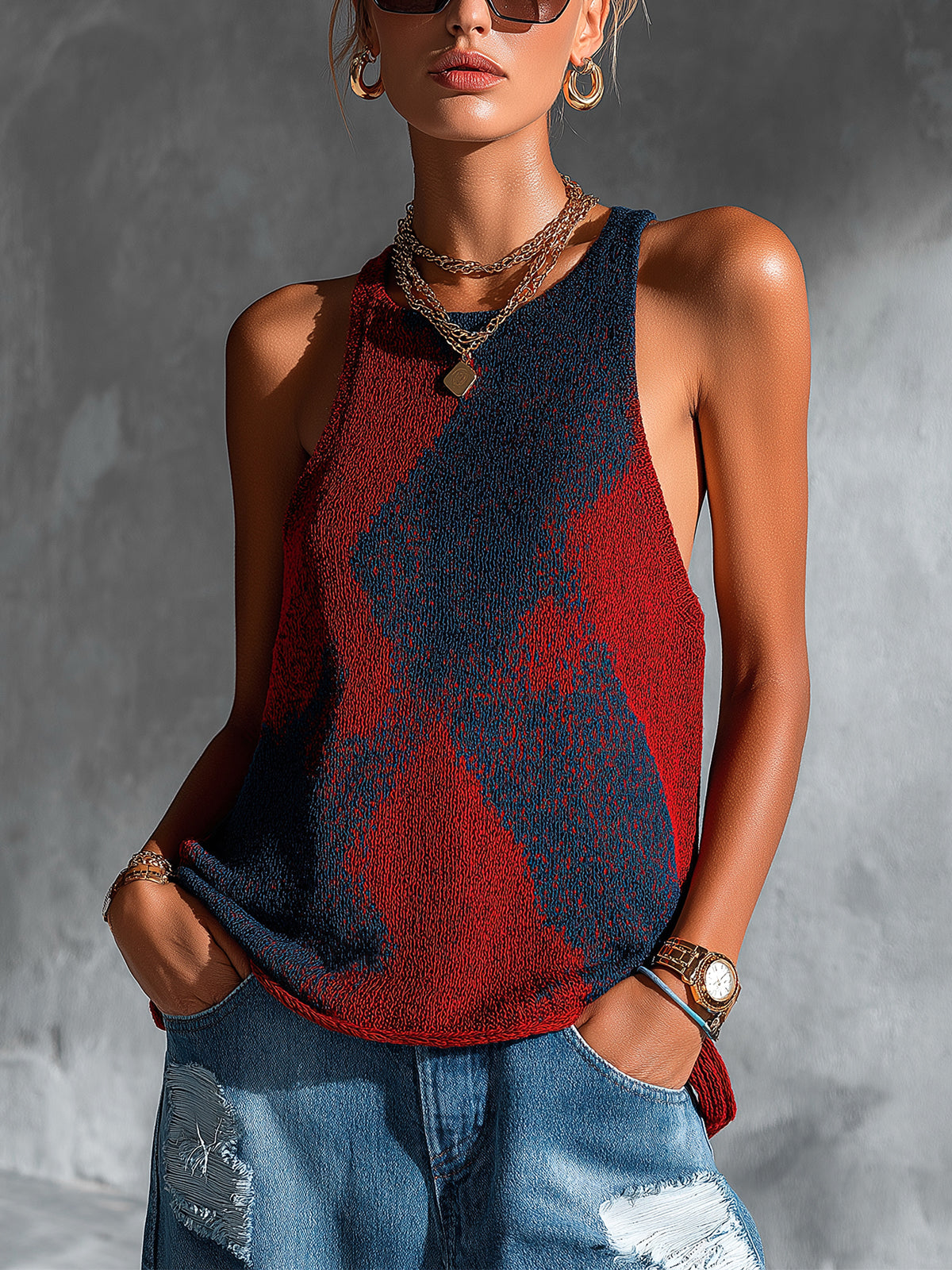 ElevenOra Chic Elegant Red-Navy Colorblock Round-Neck Sleeveless Loose-Fit Breathable Knit Vest Top