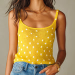 ElevenOra Chic Elegant Yellow-White Polka Dots Jacquard Spaghetti Straps Sleeveless Breathable Knit Tank Top