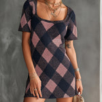 ElevenOra Chic Elegant Navy-Pink Argyle Pattern Jacquard Square-Neck Short-Sleeve A-Line Loose-Fit Knit Mini Dress