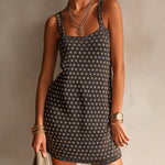 ElevenOra Chic Elegant Dark Gray Flowers Jacquard Spaghetti Straps Square-Neck Sleeveless A-Line Loose-Fit Knit Mini Dress