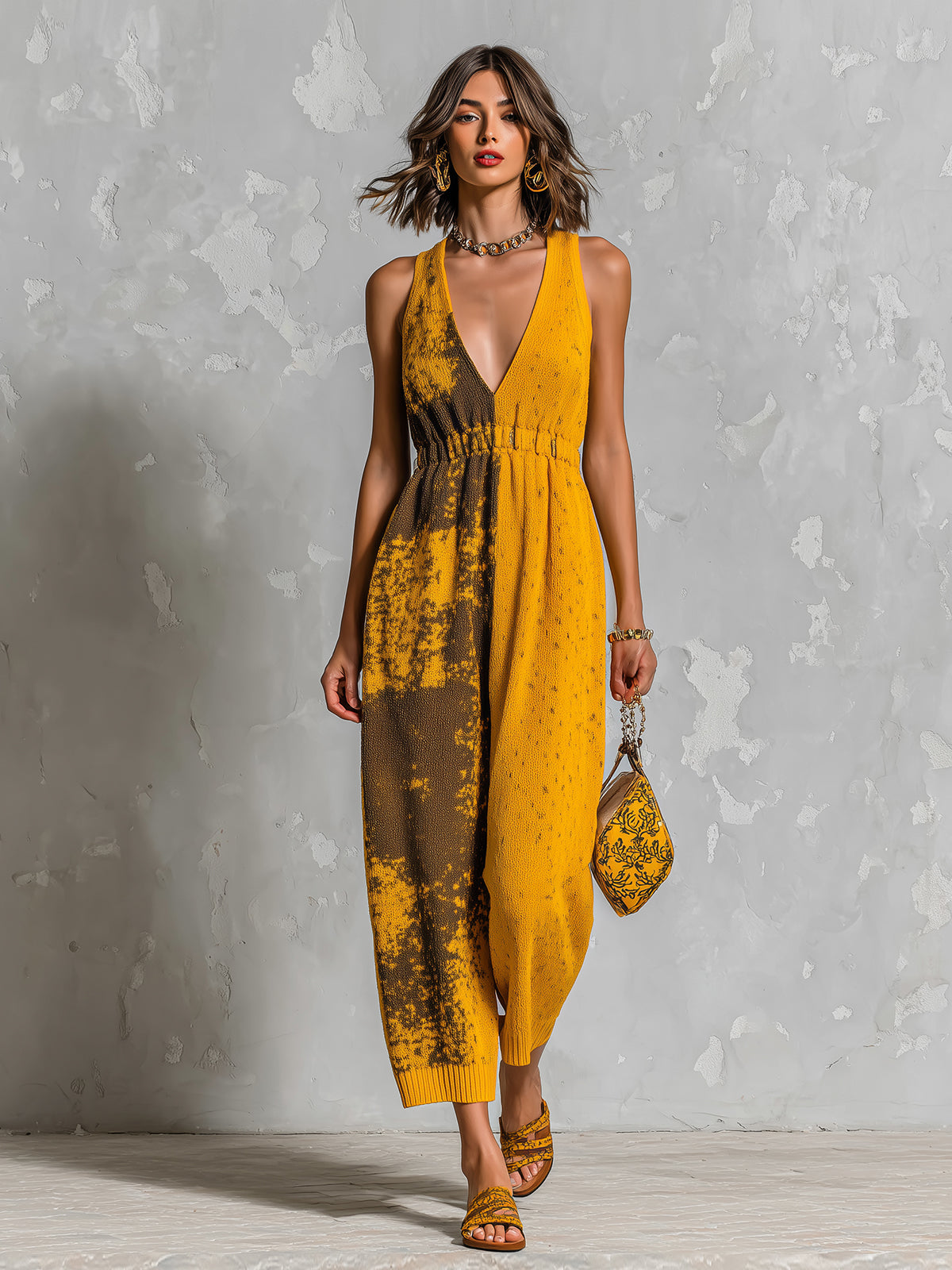 ElevenOra Chic Elegant Yellow Asymmetrical Pattern Jacquard V-Neck Sleeveless Elastic-Waist Loose-Fit Knit Straight-Leg Jumpsuit