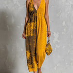 ElevenOra Chic Elegant Yellow Asymmetrical Pattern Jacquard V-Neck Sleeveless Elastic-Waist Loose-Fit Knit Straight-Leg Jumpsuit