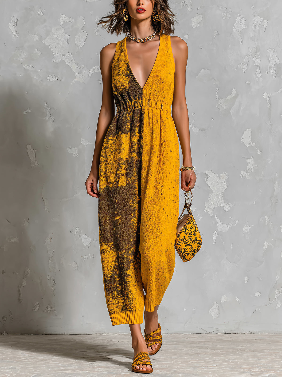ElevenOra Chic Elegant Yellow Asymmetrical Pattern Jacquard V-Neck Sleeveless Elastic-Waist Loose-Fit Knit Straight-Leg Jumpsuit