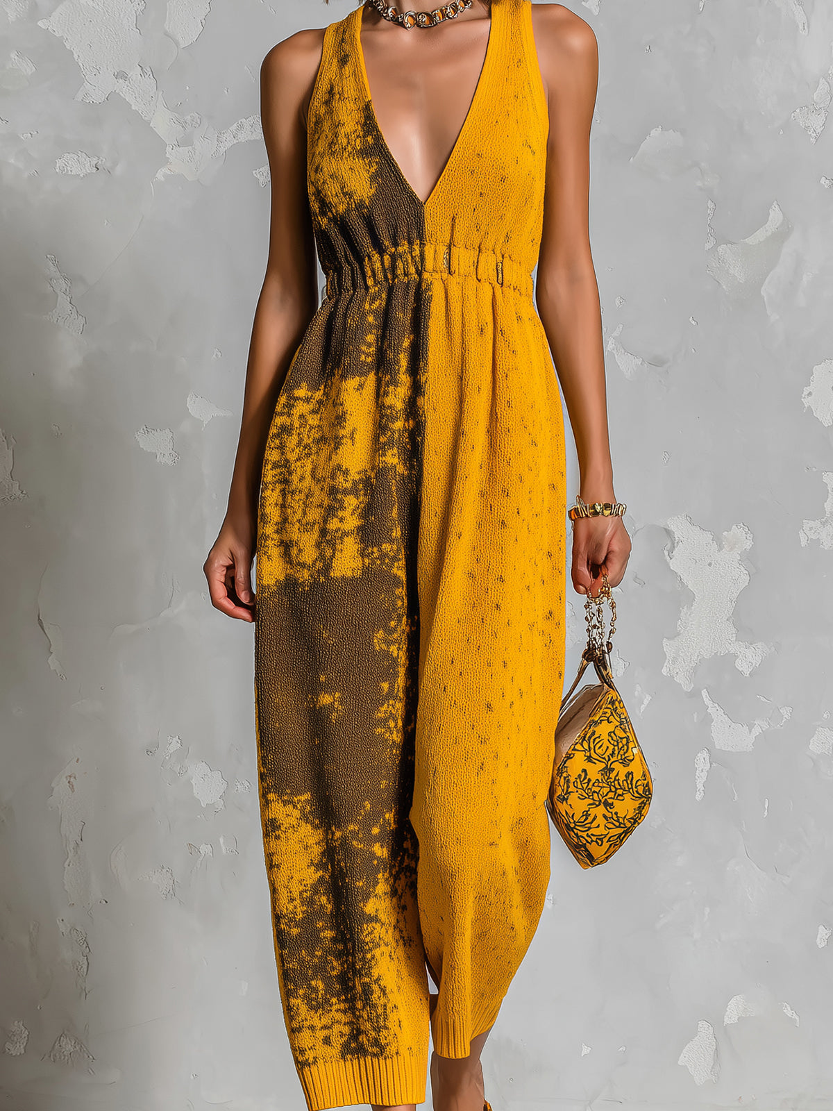 ElevenOra Chic Elegant Yellow Asymmetrical Pattern Jacquard V-Neck Sleeveless Elastic-Waist Loose-Fit Knit Straight-Leg Jumpsuit