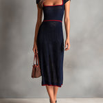 ElevenOra Chic Elegant Navy Blue Square-Neck Short-Sleeve Tailored-Waist Red Trim Detail Ribbed Knit Midi Dress