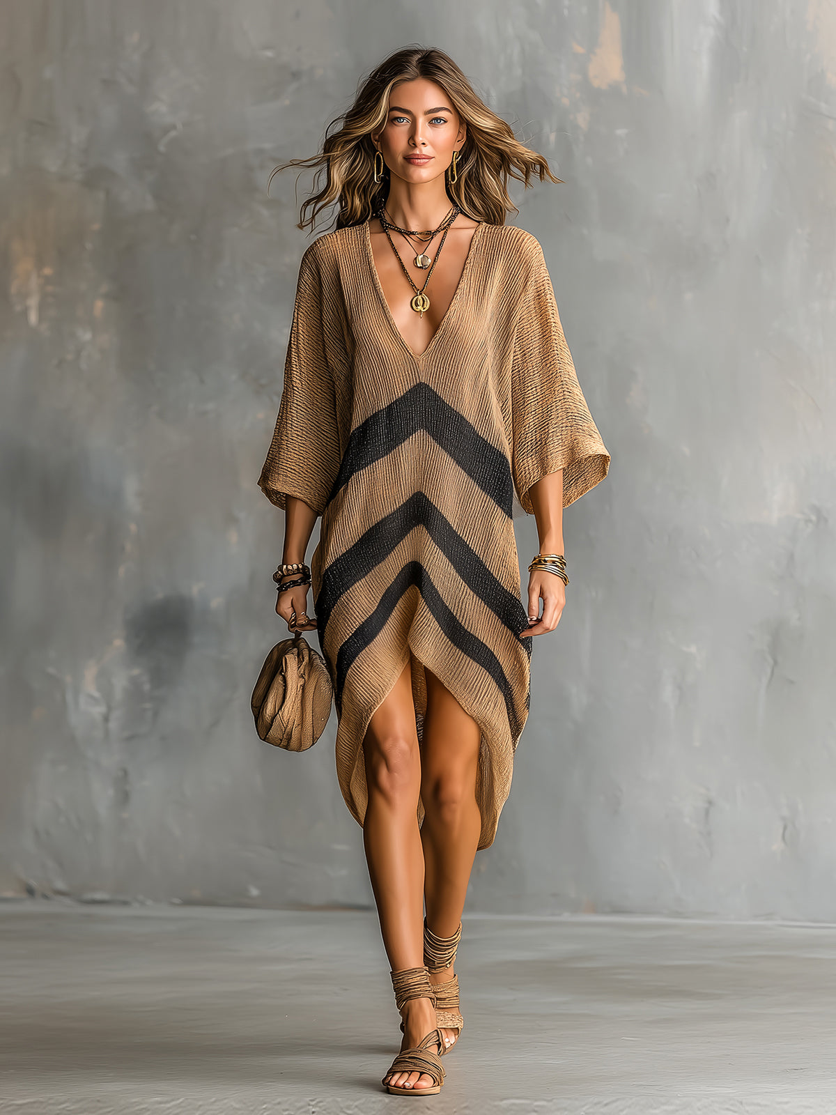 ElevenOra Chic Elegant Camel-Black Stripes Deep V-Neck Half-Sleeve Asymmetrical Hem Oversize A-Line Knit Midi Dress