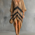 ElevenOra Chic Elegant Camel-Black Stripes Deep V-Neck Half-Sleeve Asymmetrical Hem Oversize A-Line Knit Midi Dress