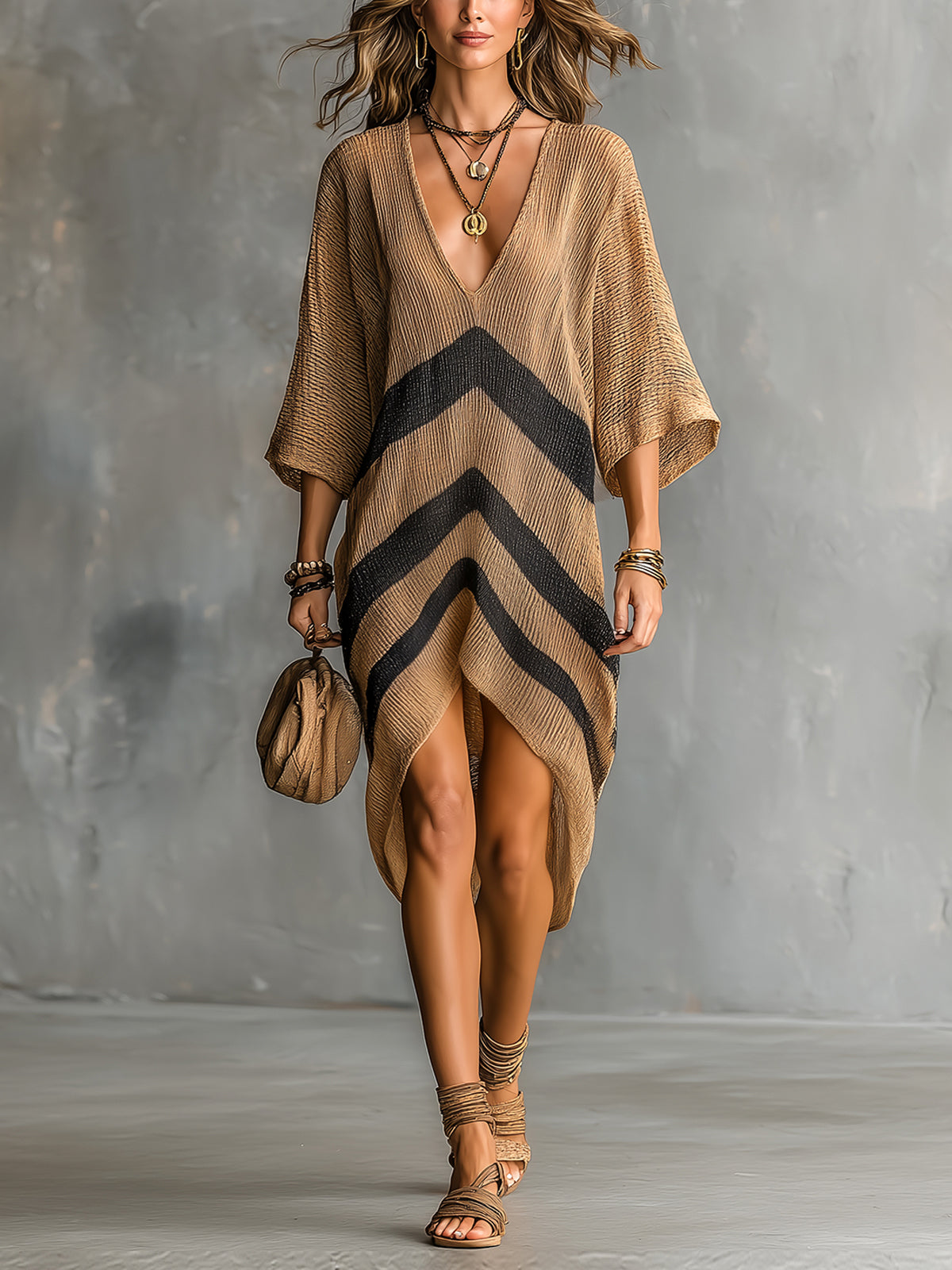 ElevenOra Chic Elegant Camel-Black Stripes Deep V-Neck Half-Sleeve Asymmetrical Hem Oversize A-Line Knit Midi Dress