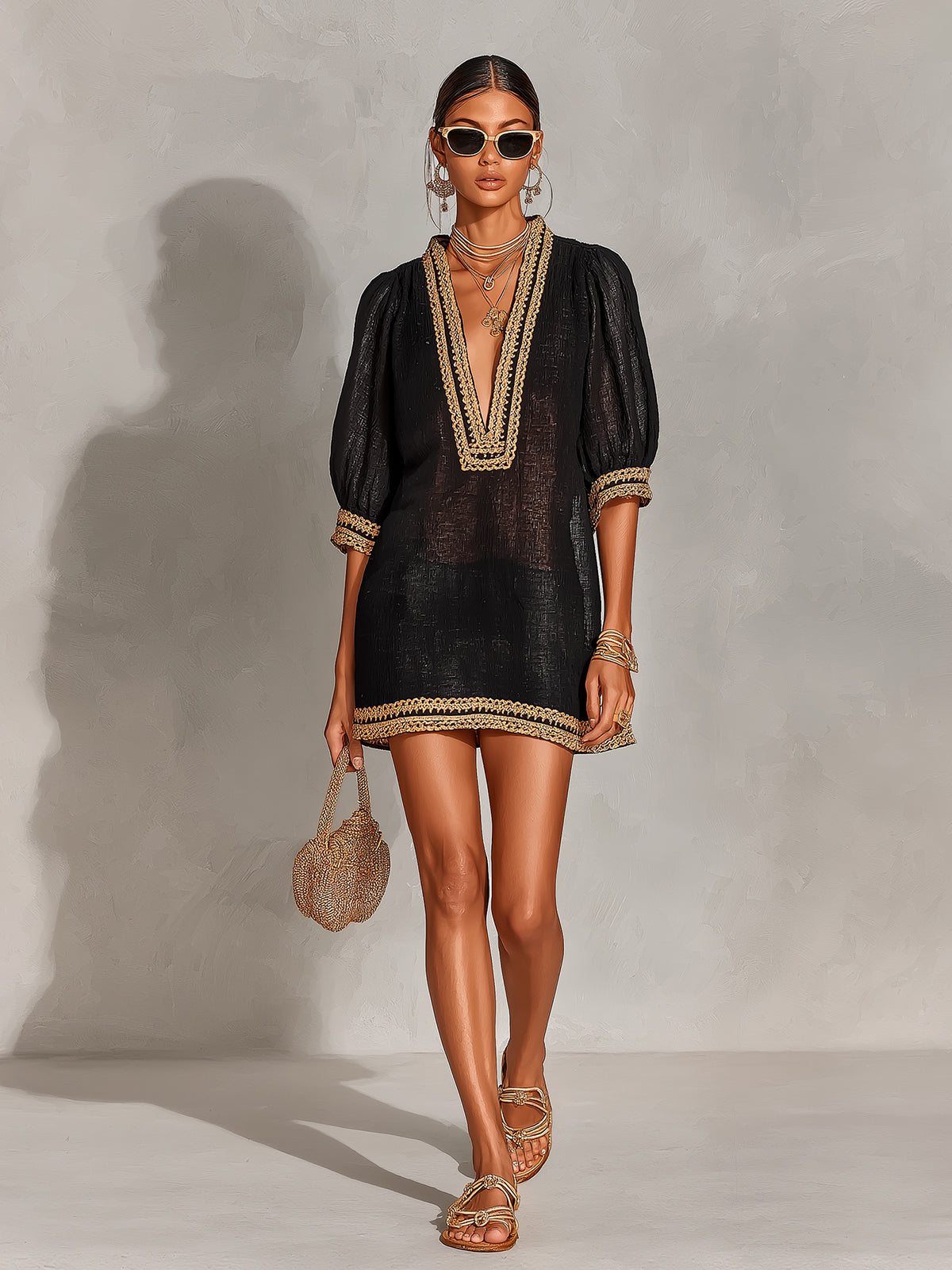 ElevenOra Chic Elegant Black Linen Blend V-Neck Half-Lantern-Sleeve Gold Trim Detail A-Line Loose-Fit Mini Dress