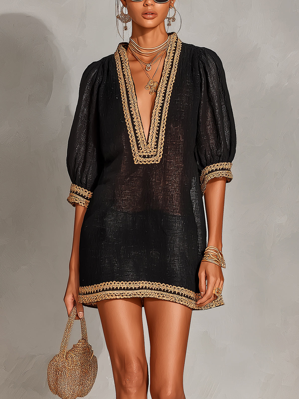 ElevenOra Chic Elegant Black Linen Blend V-Neck Half-Lantern-Sleeve Gold Trim Detail A-Line Loose-Fit Mini Dress