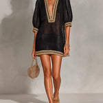 ElevenOra Chic Elegant Black Linen Blend V-Neck Half-Lantern-Sleeve Gold Trim Detail A-Line Loose-Fit Mini Dress