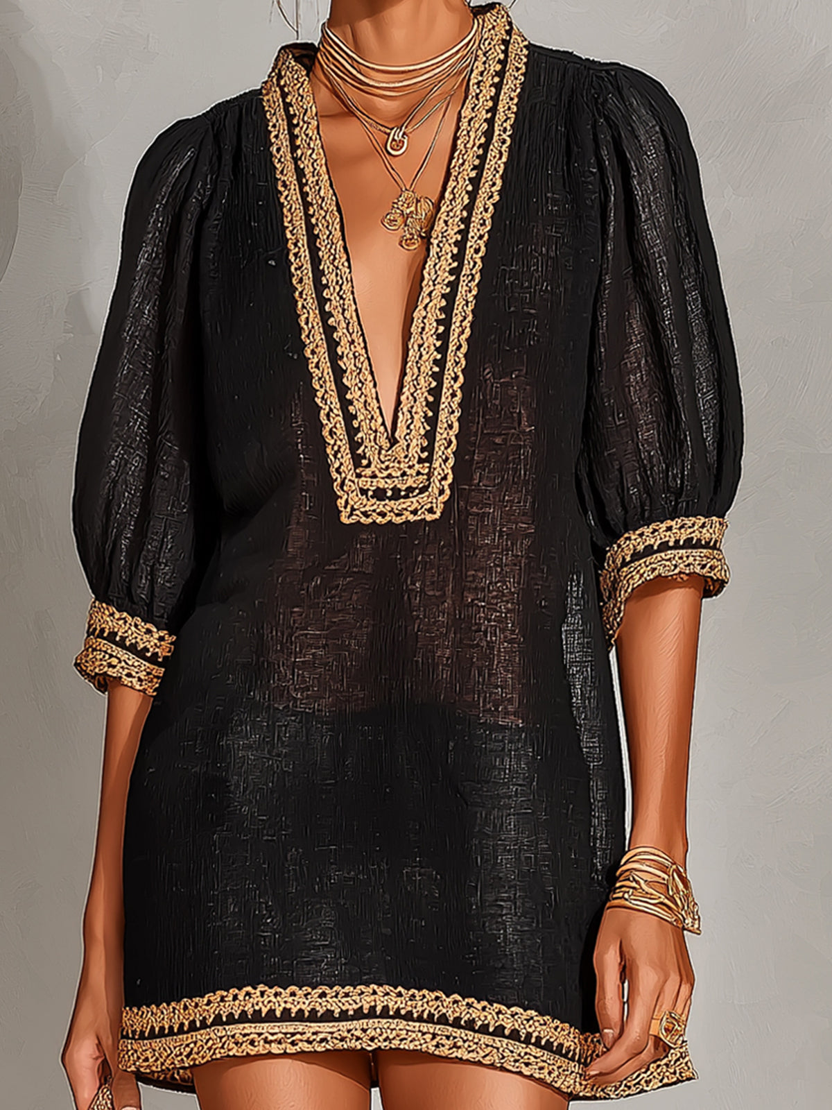ElevenOra Chic Elegant Black Linen Blend V-Neck Half-Lantern-Sleeve Gold Trim Detail A-Line Loose-Fit Mini Dress