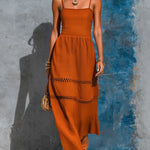 ElevenOra Chic Elegant Orange Cotton-Linen Blend Spaghetti Straps Square-Neck Sleeveless Tailored-Waist Lace Trim Detail A-Line Maxi Dress