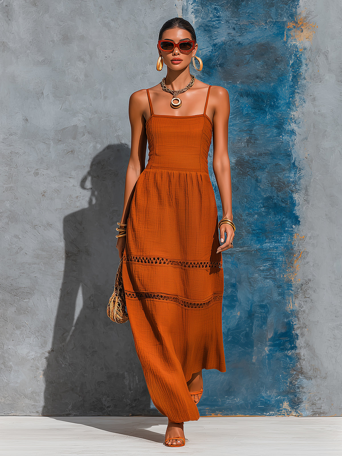 ElevenOra Chic Elegant Orange Cotton-Linen Blend Spaghetti Straps Square-Neck Sleeveless Tailored-Waist Lace Trim Detail A-Line Maxi Dress