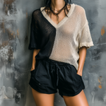 ElevenOra Chic Casual Black-Oatmeal  Colorblock V-Neck Short-Sleeve Loose-Fit Mesh Knit Sweater Top
