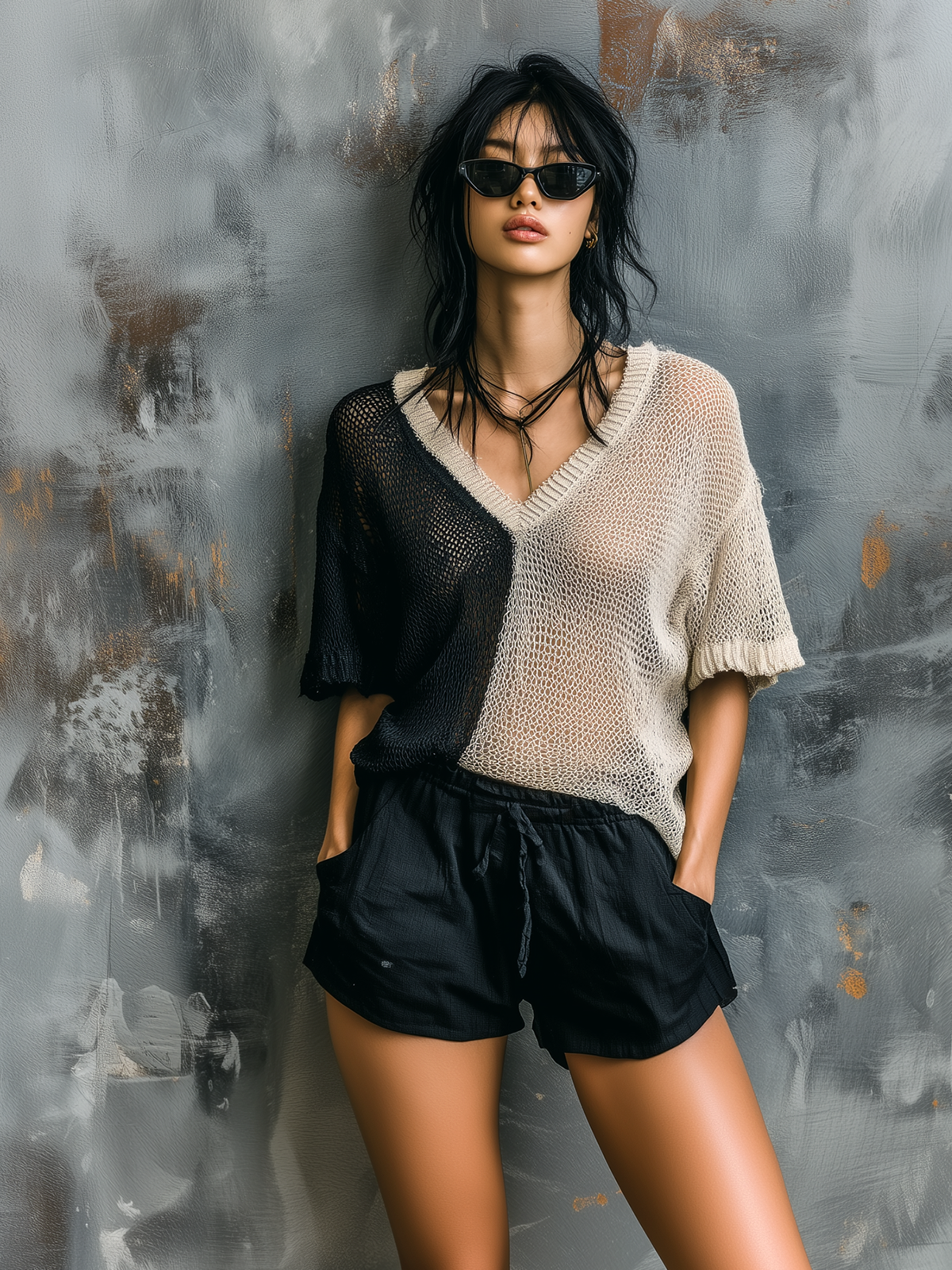 ElevenOra Chic Casual Black-Oatmeal  Colorblock V-Neck Short-Sleeve Loose-Fit Mesh Knit Sweater Top