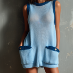 ElevenOra Chic Casual Light Blue Round-Neck Contrast Trim Sleeveless Patch Pocket Loose-Fit Knit Mini Dress