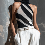 ElevenOra Chic Elegant Black-White Colorblock Halter Turtleneck Sleeveless Slim-Fit Knit Tank Top