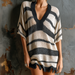 ElevenOra Chic Casual Black-White Stripe Colorblock V-Neck Short-Sleeve Raw Edge Loose-Fit Mesh Knit Mini Dress
