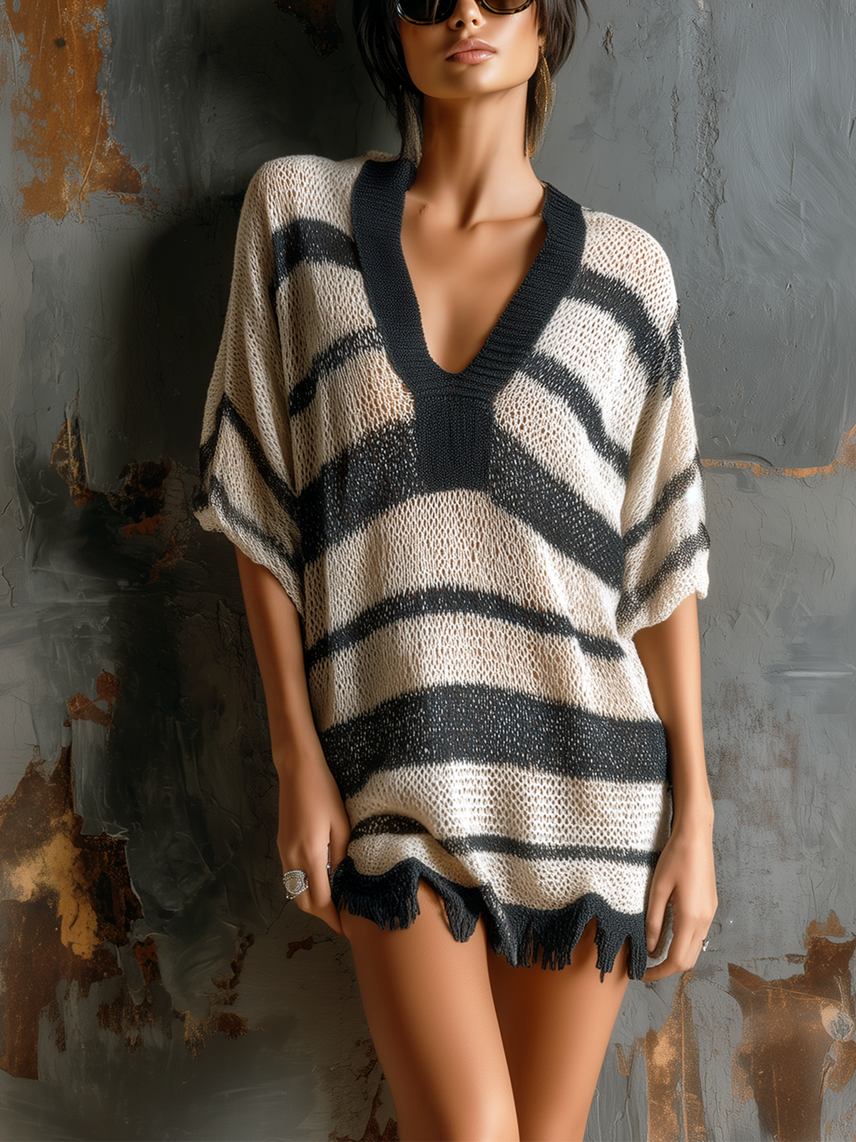 ElevenOra Chic Casual Black-White Stripe Colorblock V-Neck Short-Sleeve Raw Edge Loose-Fit Mesh Knit Mini Dress