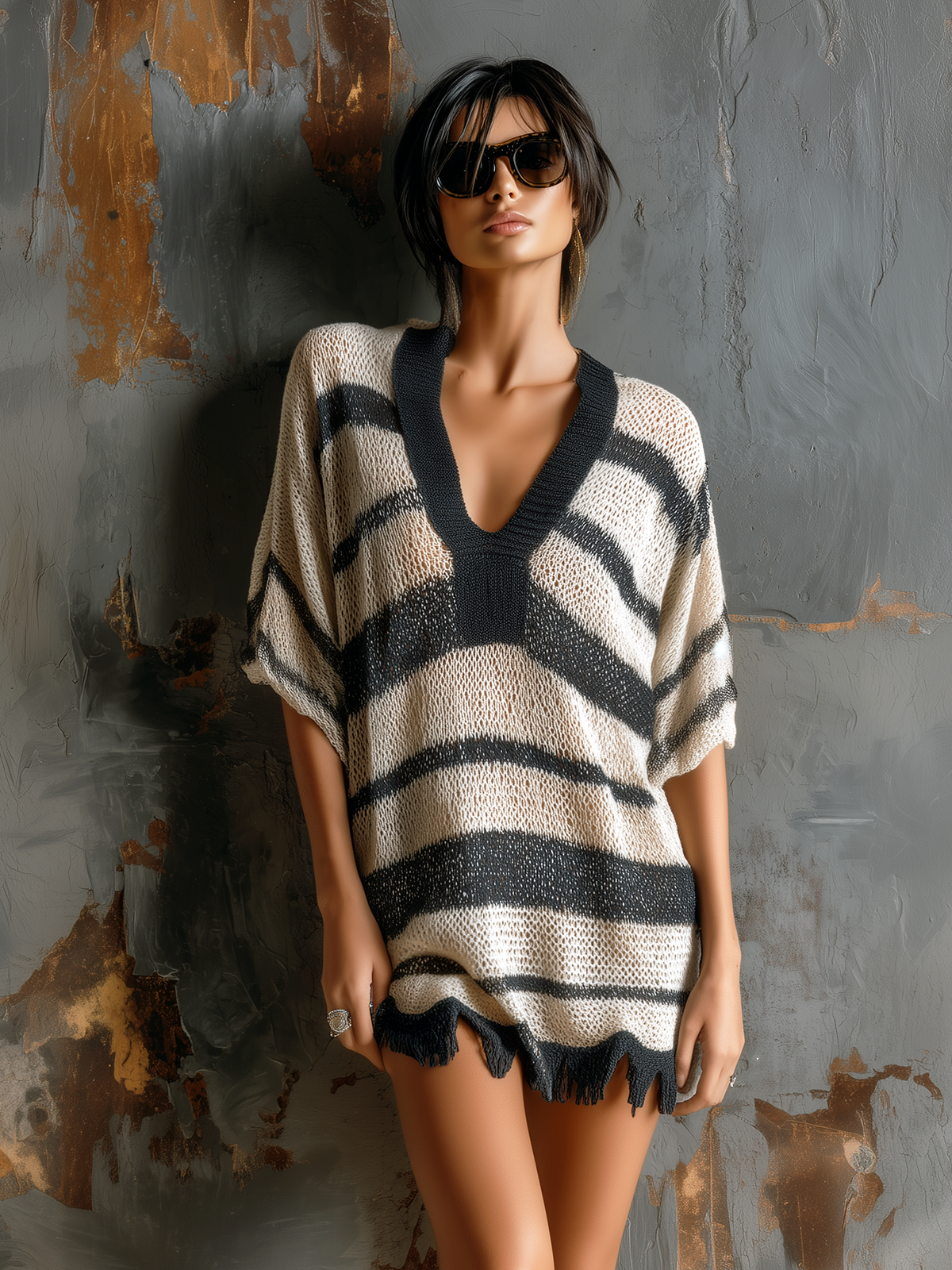ElevenOra Chic Casual Black-White Stripe Colorblock V-Neck Short-Sleeve Raw Edge Loose-Fit Mesh Knit Mini Dress