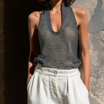 ElevenOra Chic Elegant Black Halter U-Neck Sleeveless Loose-Fit Mesh Knit Tank Top