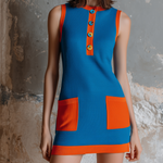 ElevenOra Chic Elegant Royal Blue Henley Neck Contrast Trim Button-Front Patch Pocket Sleeveless Slim-Fit Knit Mini Dress