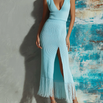 ElevenOra Chic Elegant Blue V-Neck Sleeveless Fringe Hem Slim-Fit Side Slit Ribbed Knit Midi Dress
